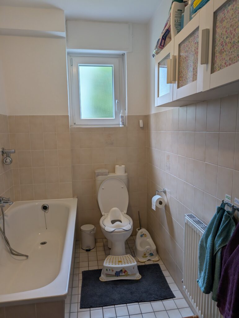 Kindgerechtes Badezimmer in der Kindertagespflege mit Toilettensitzverkleinerer, Tritthocker und Töpfchen für die Sauberkeitserziehung.