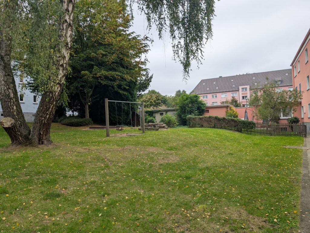 Grüne Wiese mit hölzerner Schaukel und großer Birke im Innenhof.